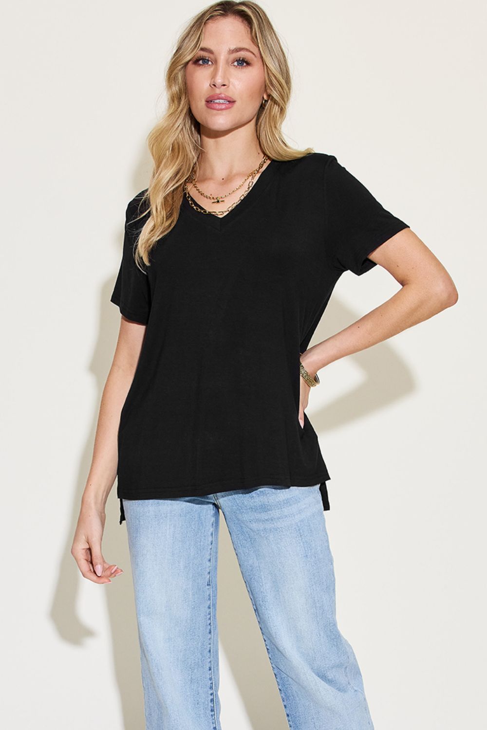 Basic Solid Vneck High-Low Tee