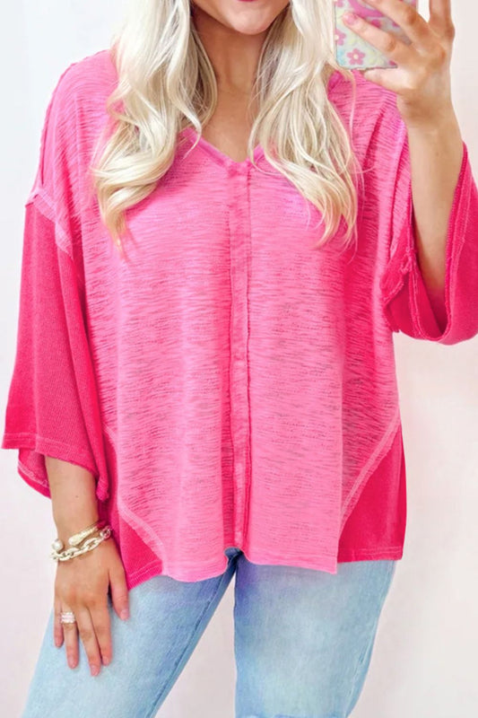 Exposed Seam Vneck Three-Quarter Sleeve Blouse