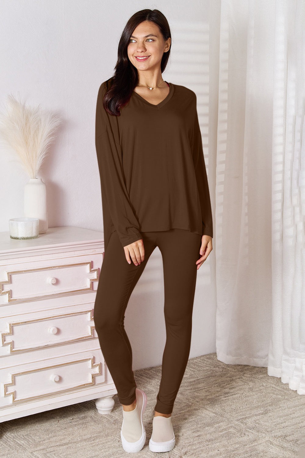 Oversized Vneck Soft Rayon Long Sleeve Top and Leggings Set
