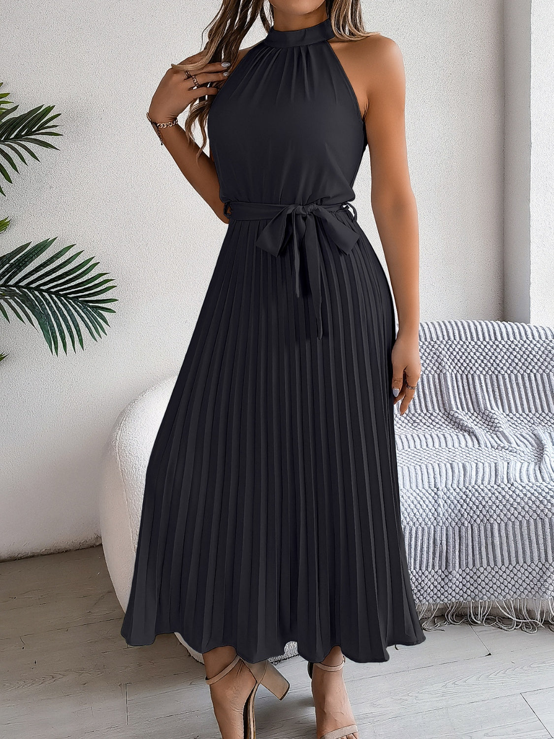 Halter Pleated Tie Waist Sleeveless Midi Dress