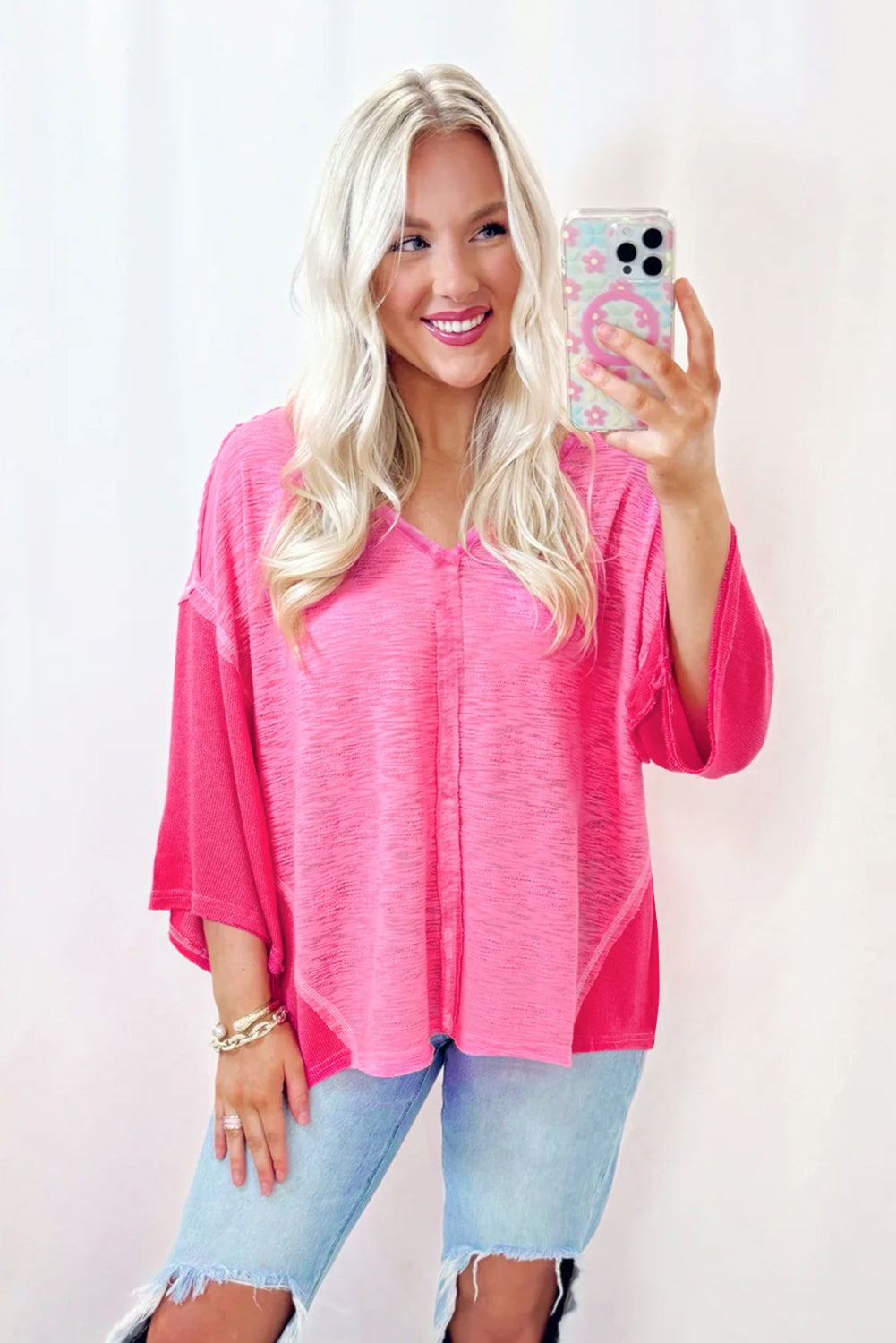 Exposed Seam Vneck Three-Quarter Sleeve Blouse