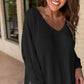 Waffleknit Side Slit Vneck Long Sleeve Top