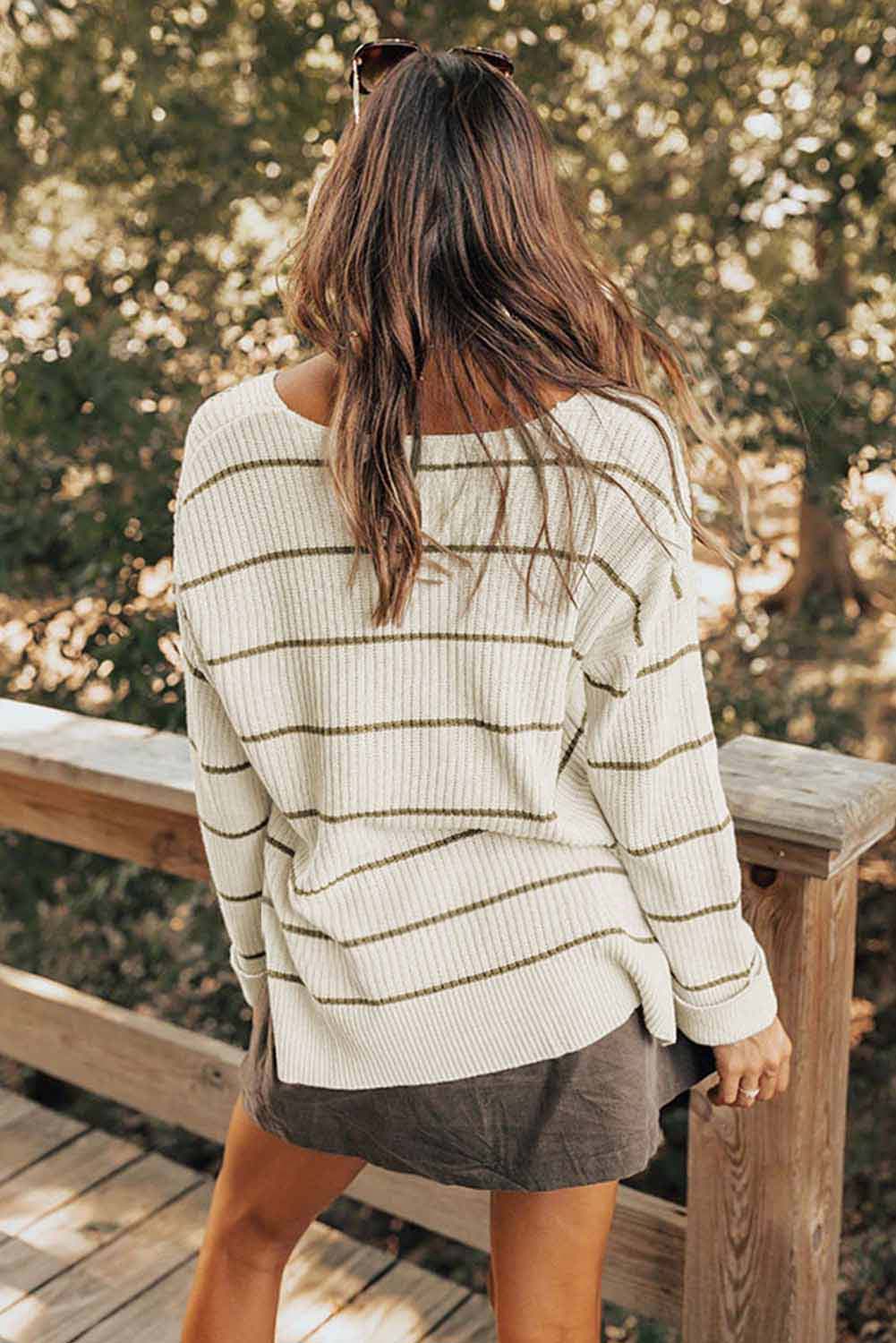Striped Vneck Drop Shoulder Sweater