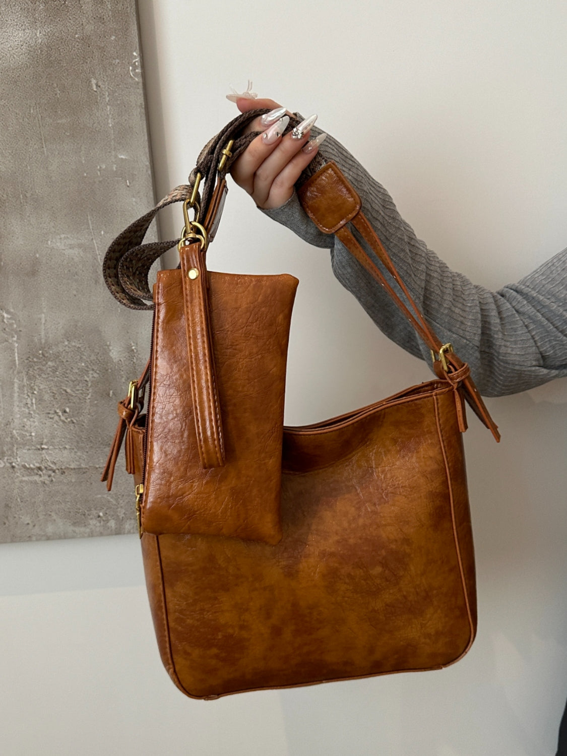Faux Leather Adjustable Strap Crossbody Bag with Wallet