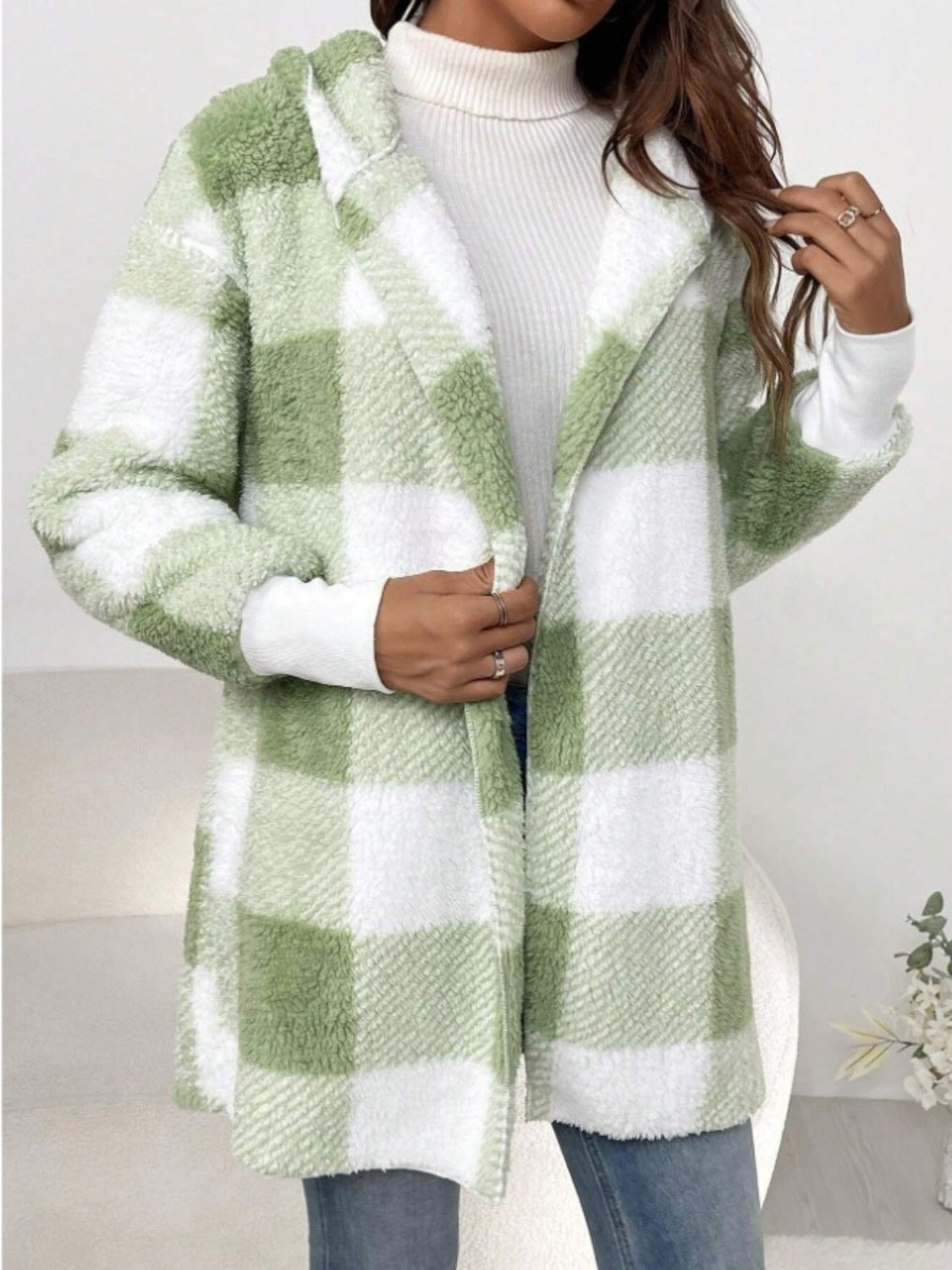 Plaid Hooded Sherpa Teddy Jacket