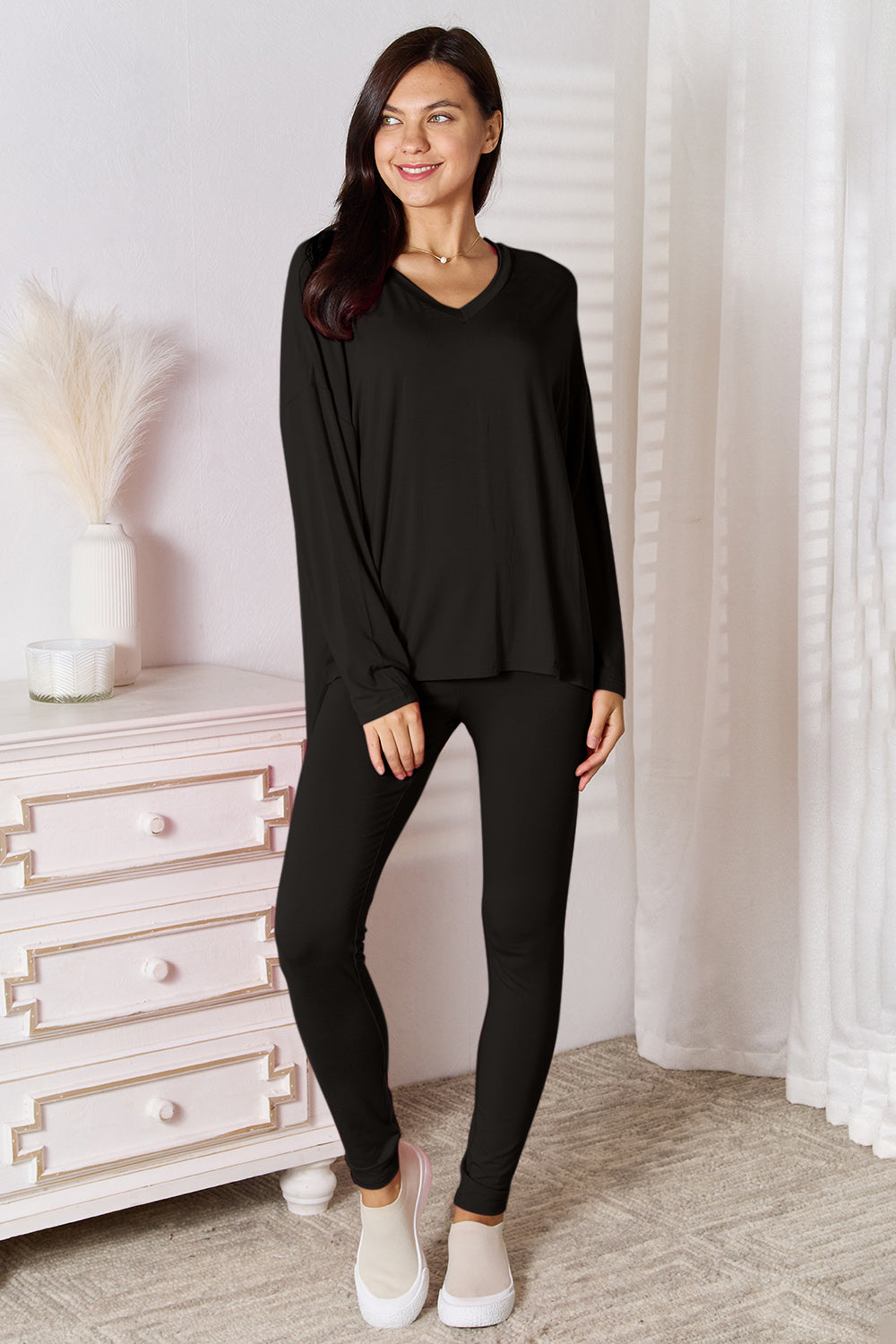 Oversized Vneck Soft Rayon Long Sleeve Top and Leggings Set