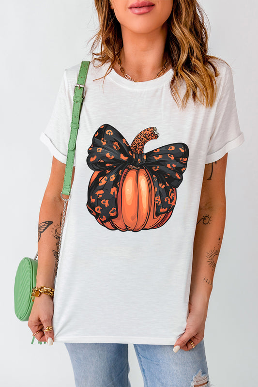 Pumpkin Halloween Leopard Bow T-Shirt