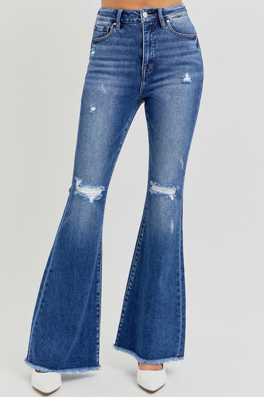 RISEN Distressed Raw Hem Flare Jeans