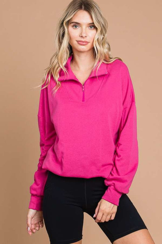 Hot Pink Half Zip Long Sleeve Sweatshirt