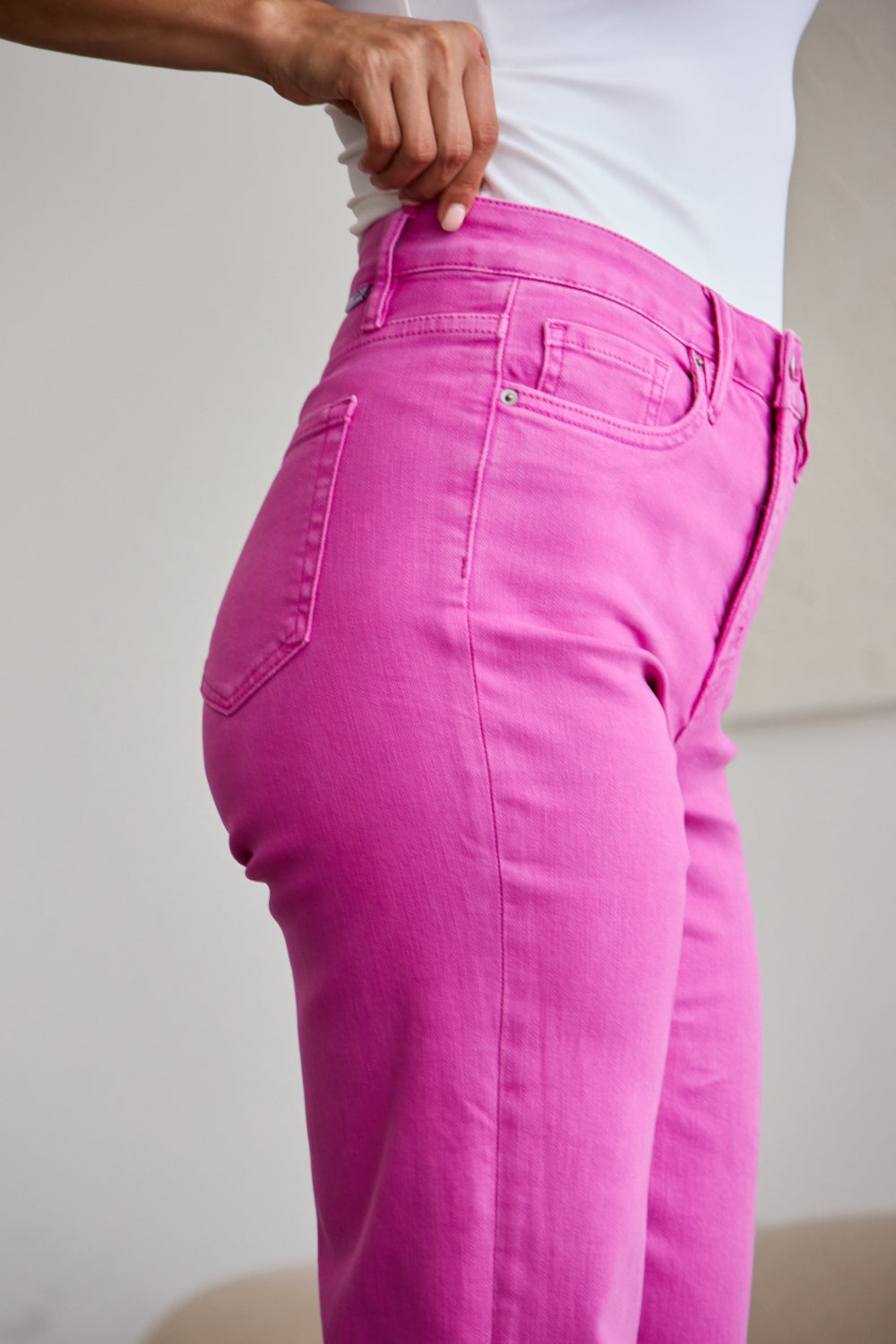 Pink Cropped Tummy Control High Waist Raw Hem Jeans