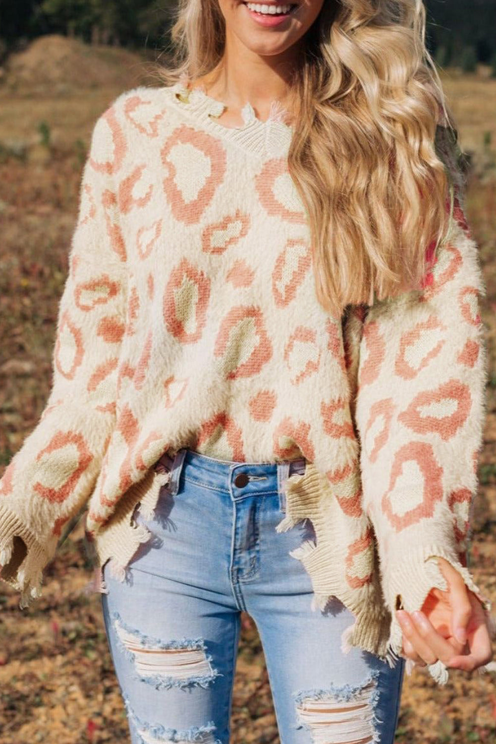 Distressed Trim Leopard Vneck Sweater