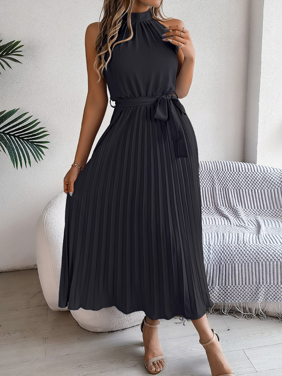 Halter Pleated Tie Waist Sleeveless Midi Dress
