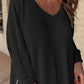 Waffleknit Side Slit Vneck Long Sleeve Top