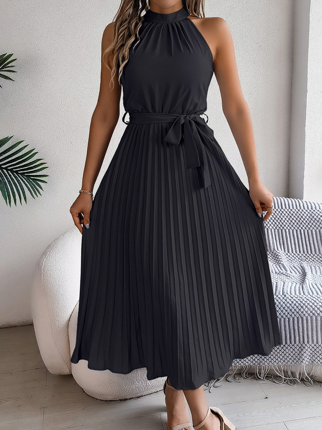 Halter Pleated Tie Waist Sleeveless Midi Dress