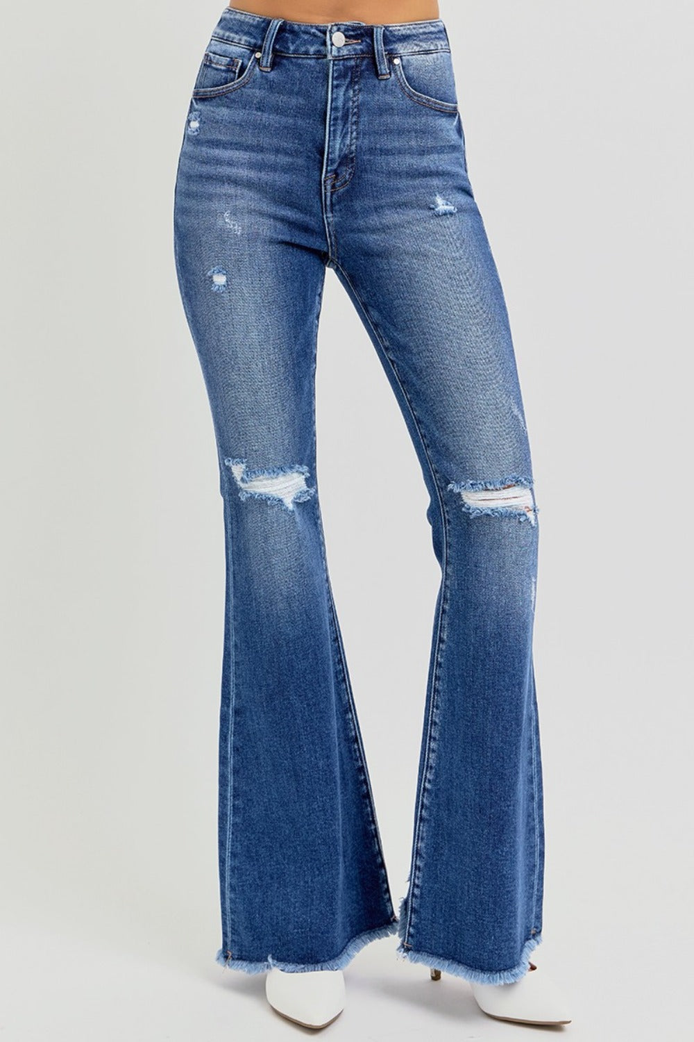 RISEN Distressed Raw Hem Flare Jeans