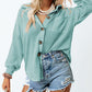 Waffle-Knit Collared Neck Long Sleeve Shirt