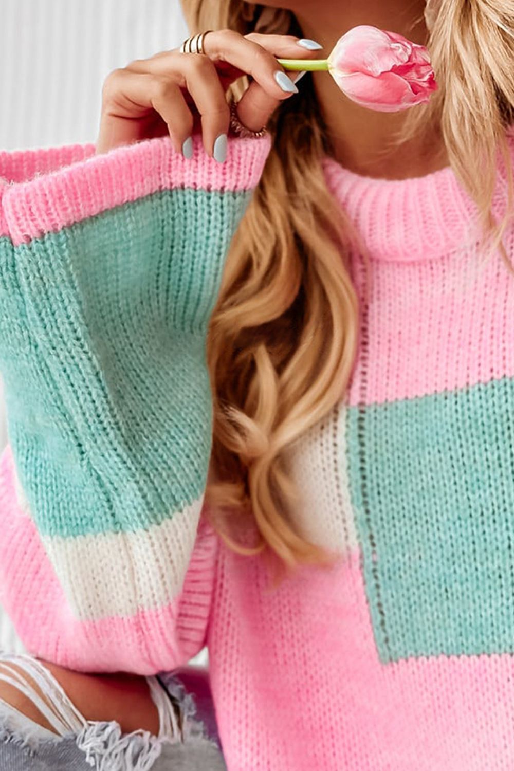 Colorblock Round Neck Drop Shoulder Sweater