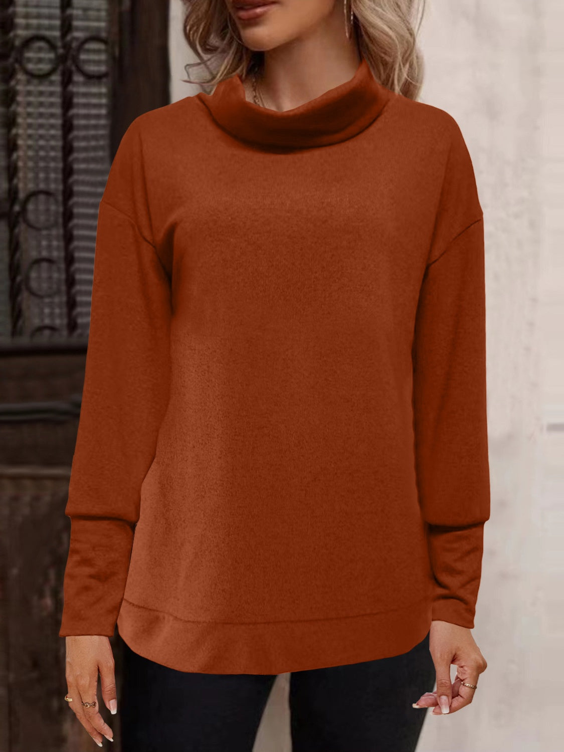 Turtleneck Button Long Sleeve Blouse