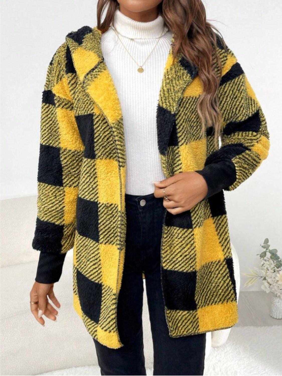 Plaid Hooded Sherpa Teddy Jacket