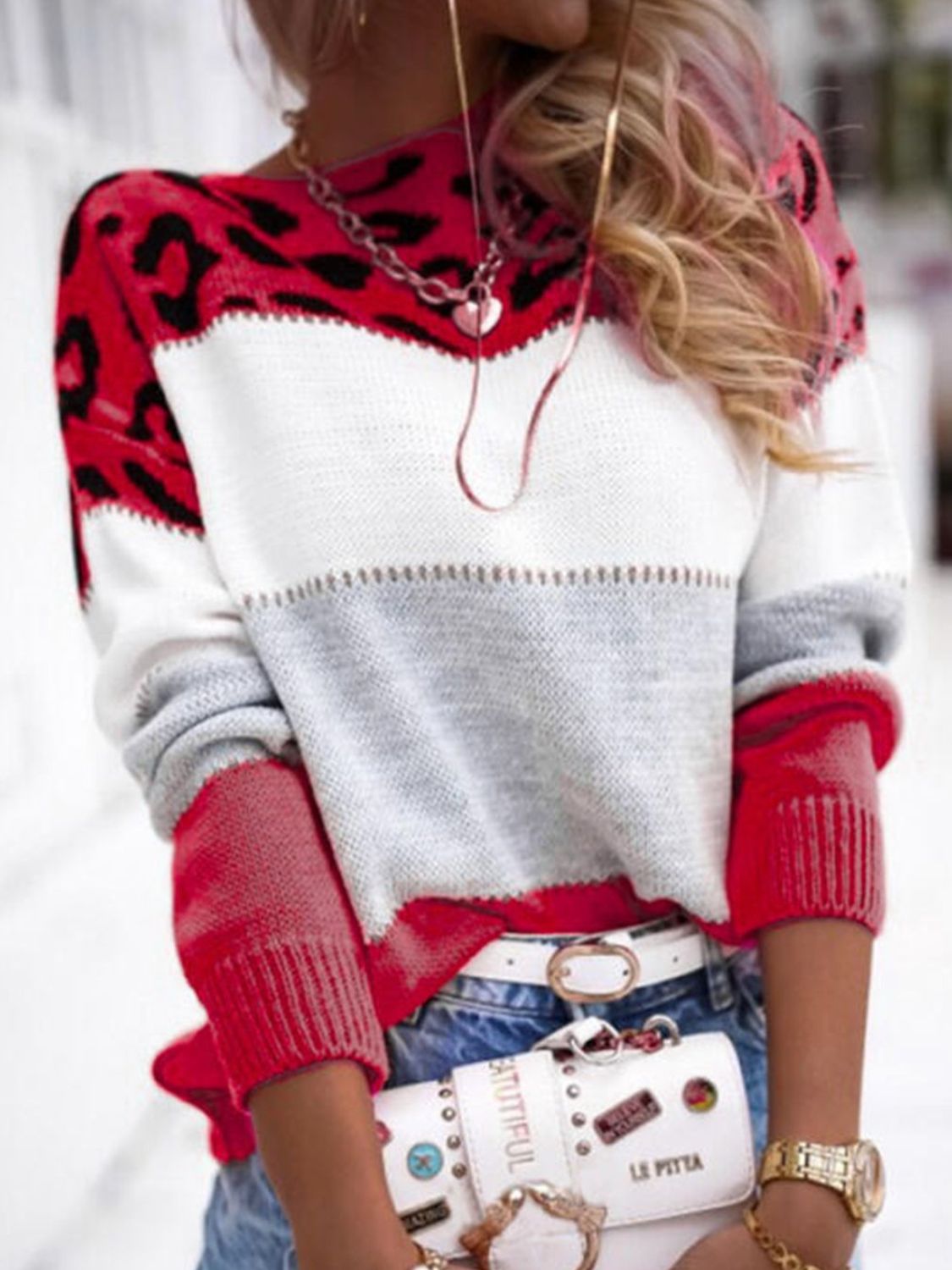 Leopard Colorblock Round Neck Long Sleeve Sweater