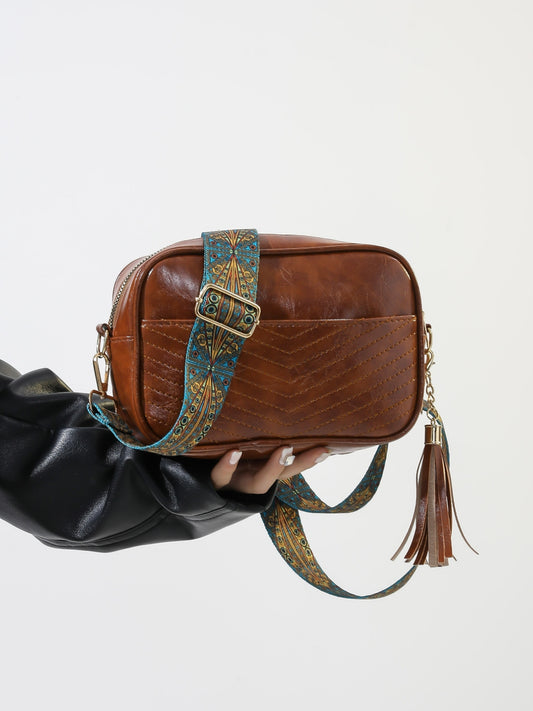 Tassel Faux Leather Printed Strap Crossbody Bag
