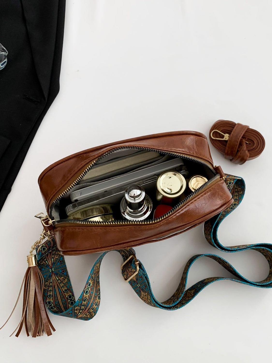 Tassel Faux Leather Printed Strap Crossbody Bag