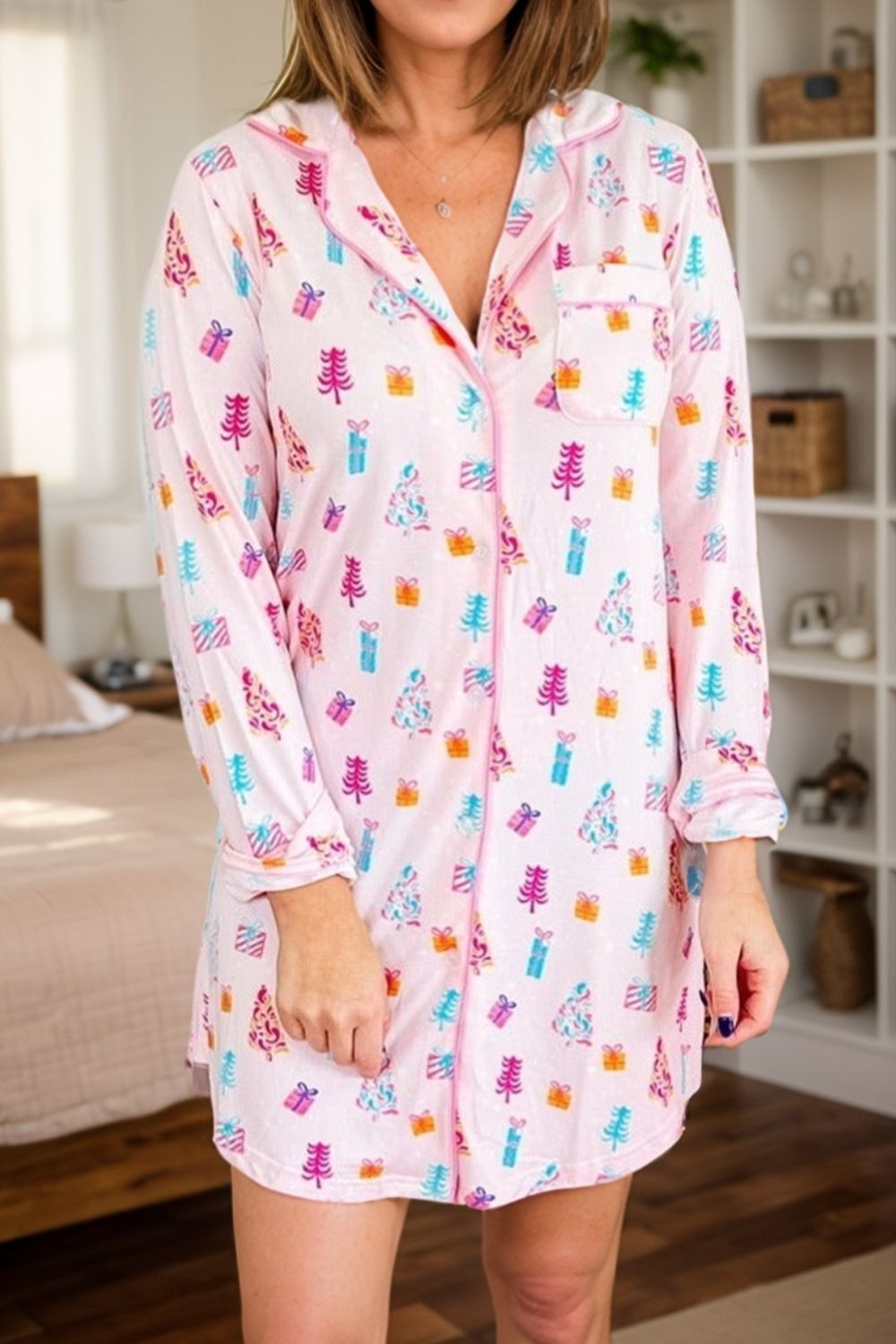 Pink Christmas Button Sleep Shirt/Jammies