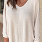 Waffleknit Side Slit Vneck Long Sleeve Top