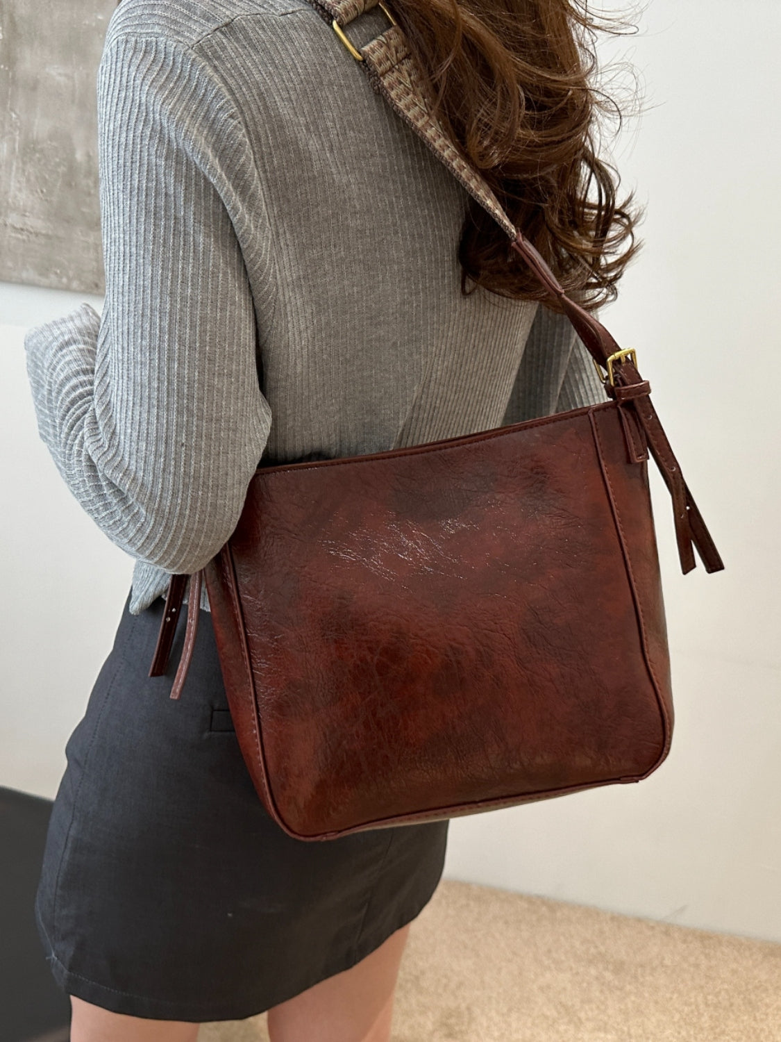 Faux Leather Adjustable Strap Crossbody Bag with Wallet