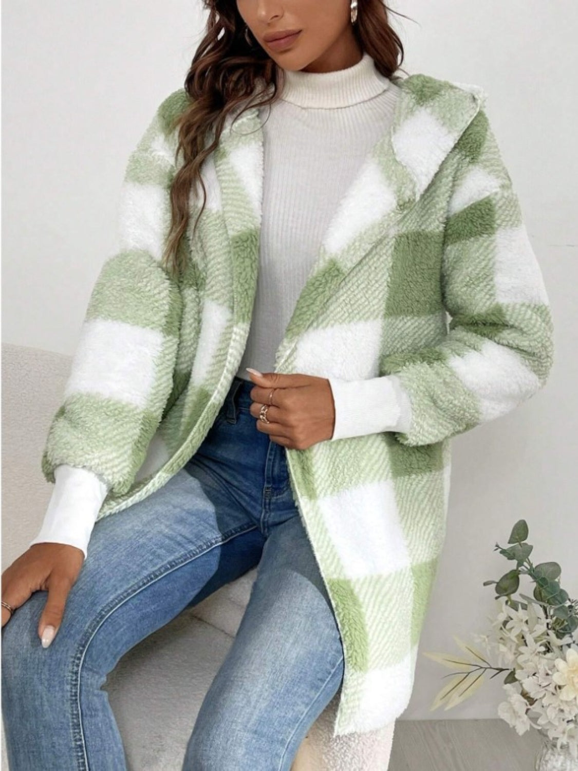 Plaid Hooded Sherpa Teddy Jacket