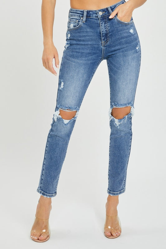 Risen Knee Distressed Skinny Jeans