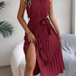 Halter Pleated Tie Waist Sleeveless Midi Dress