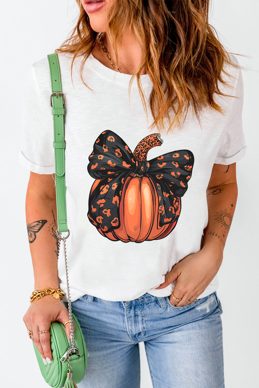 Pumpkin Halloween Leopard Bow T-Shirt