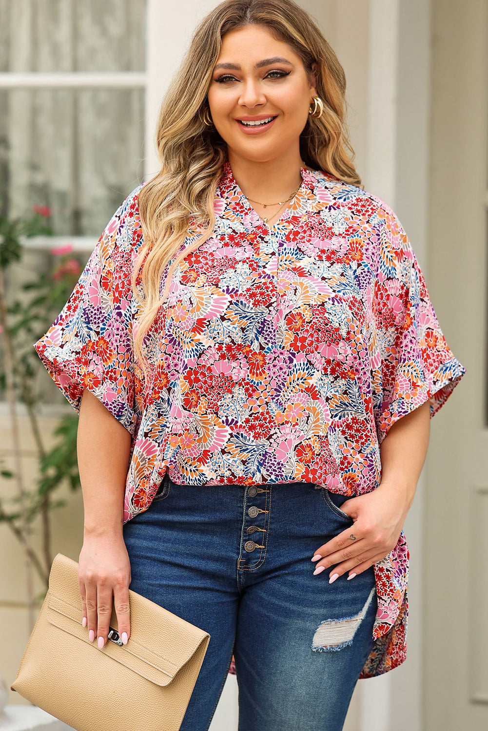 *APP EXCLUSIVE* Printed Notched Neck Half Sleeve Top