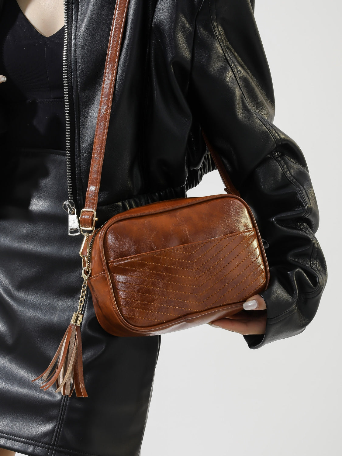 Tassel Faux Leather Printed Strap Crossbody Bag