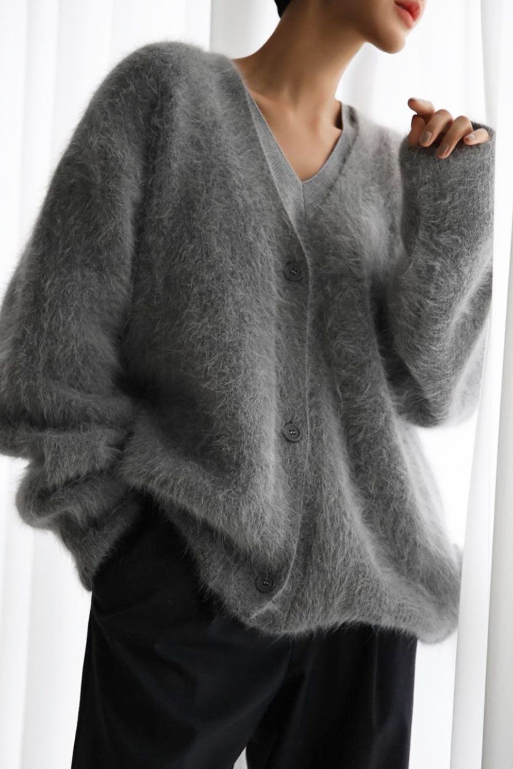 Fuzzy Button Long Sleeve Cardigan