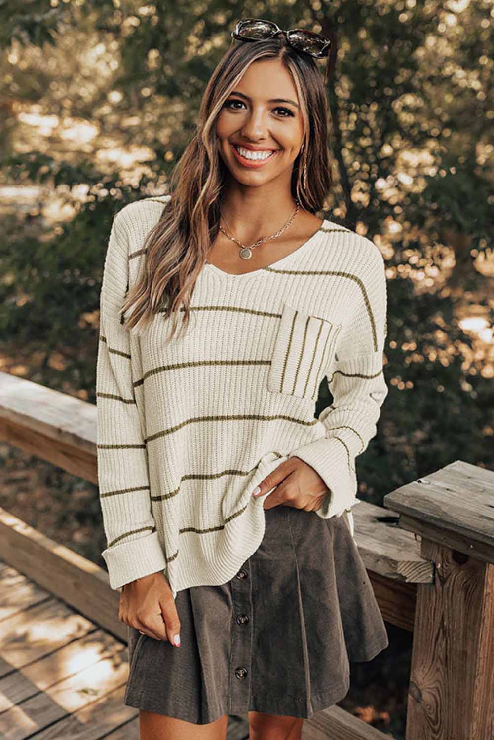 Striped Vneck Drop Shoulder Sweater
