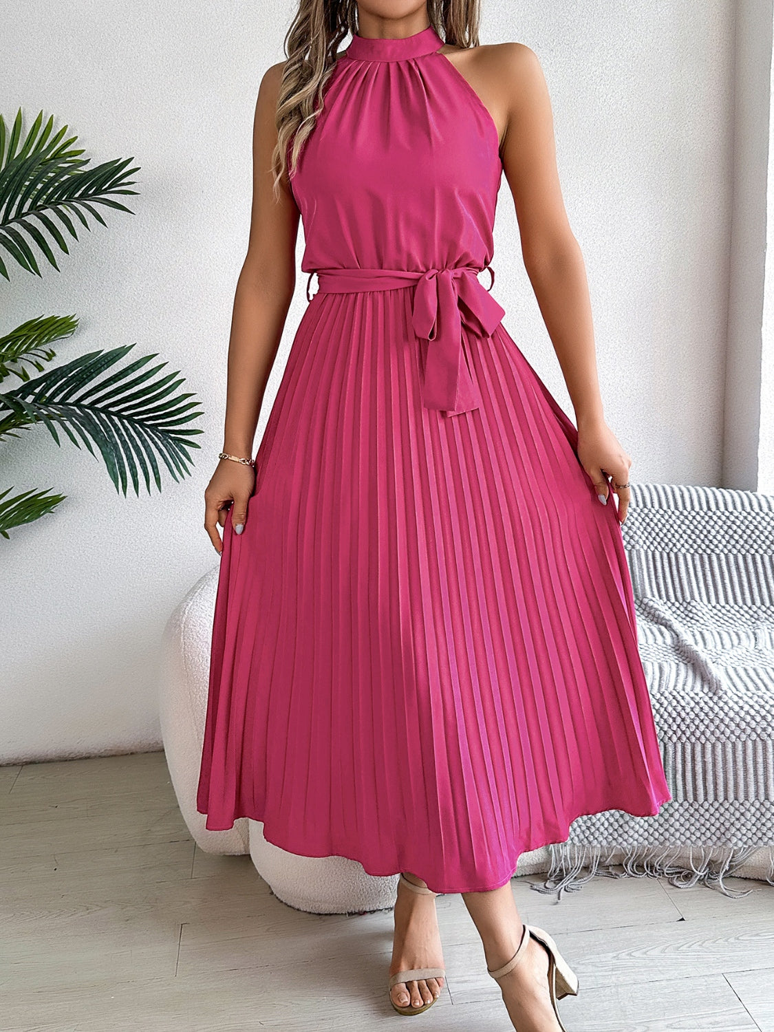 Halter Pleated Tie Waist Sleeveless Midi Dress