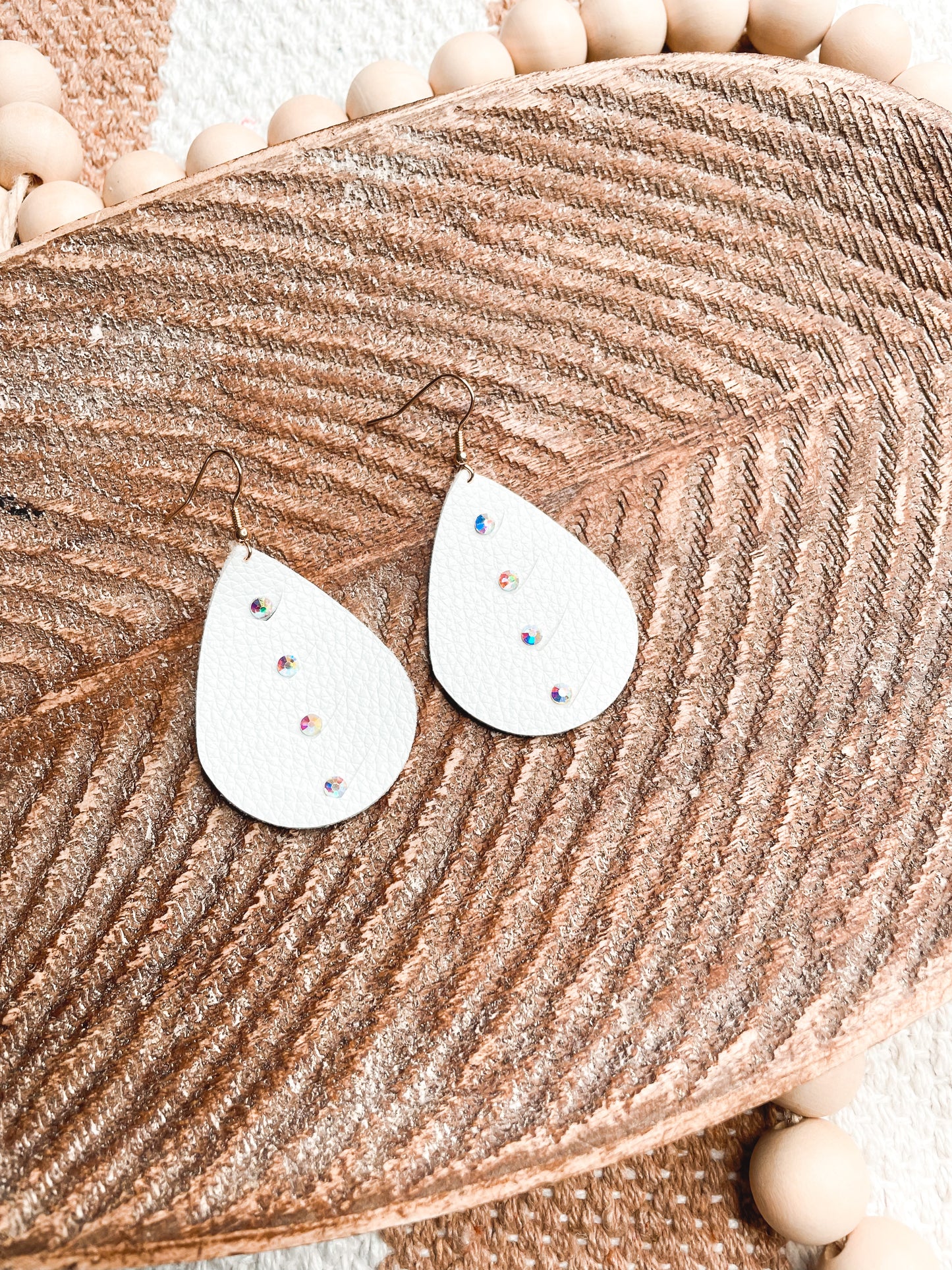 White Bling Faux Leather Teardrop Earrings