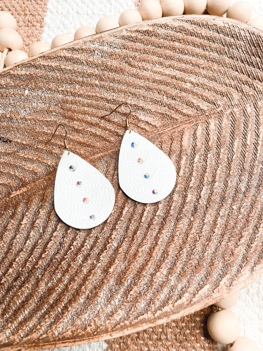White Bling Faux Leather Teardrop Earrings