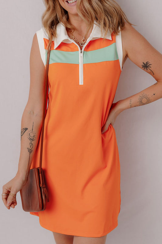 Quarter Zip Collared Neck Sleeveless Dress