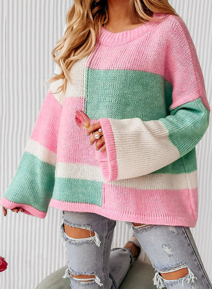 Colorblock Round Neck Drop Shoulder Sweater