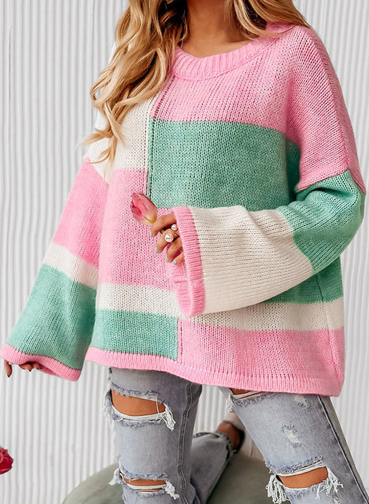 Colorblock Round Neck Drop Shoulder Sweater