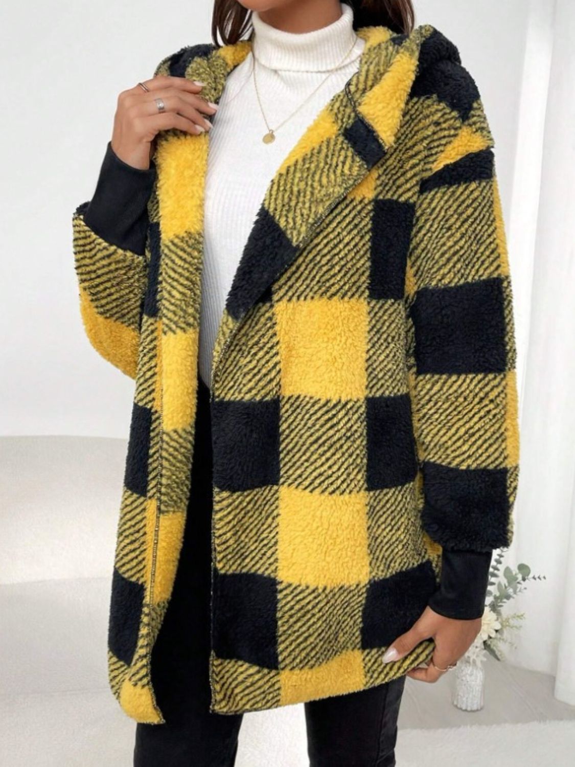Plaid Hooded Sherpa Teddy Jacket