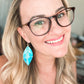 Teal Feather Earrings with Gold Bar