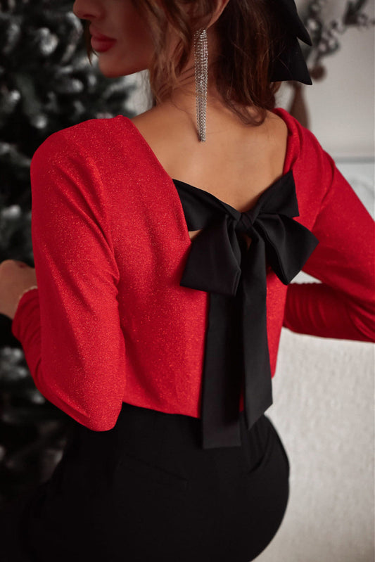 Bowknot Vneck Long Sleeve Blouse
