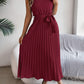 Halter Pleated Tie Waist Sleeveless Midi Dress