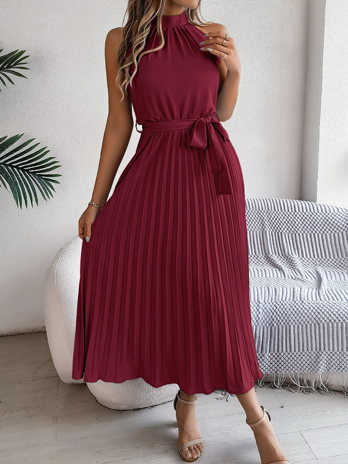 Halter Pleated Tie Waist Sleeveless Midi Dress