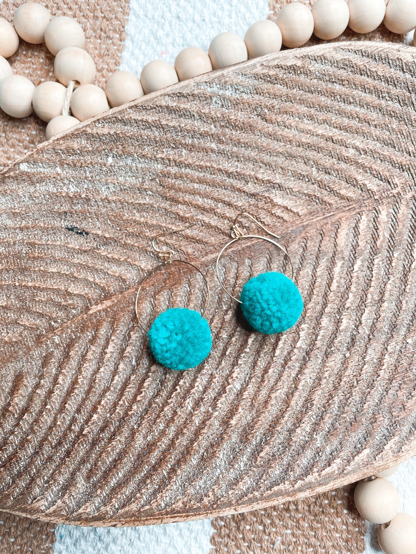 Teal Pom Pom Hoop Earrings