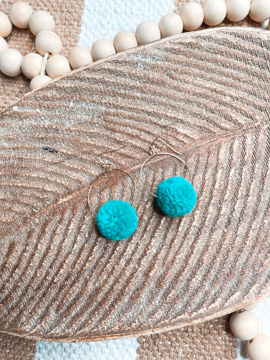 Teal Pom Pom Hoop Earrings